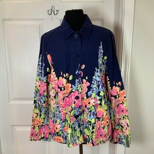 Denim Shacket Navy Colorful Floral Button Front Lightweight Cotton Large